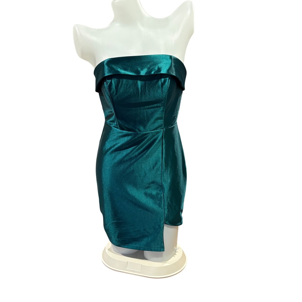 Midnight Doll Emerald Green Satin Strapless Homecoming Mini Dress Bodycon 3/4
